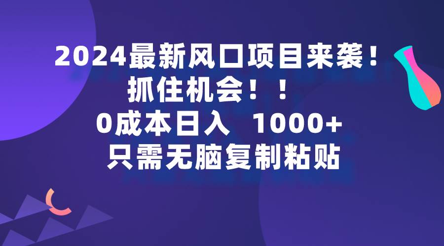 2024最新风口项目来袭，抓住机会，0成本一部手机日入1000+，只需无脑复…-忘忧资源库